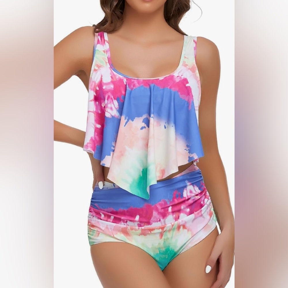 Two Piece Tie Dye Swimsuit with High Waisted Tummy Control Bikini Set XL